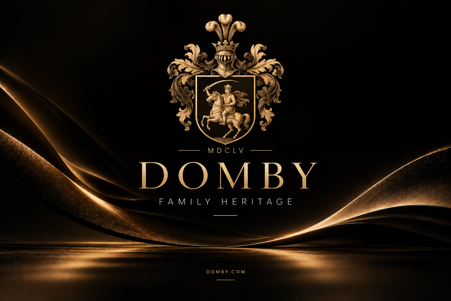 Gold Domby family coat of arms above MDCLV (1655), DOMBY, FAMILY HERITAGE and DOMBY.COM, on a black and gold background.